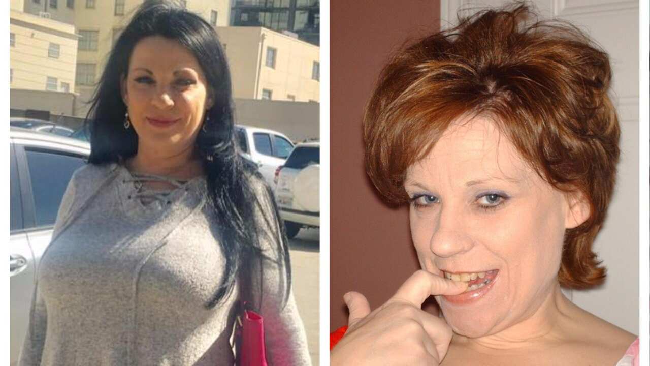 Two of Mair Smyth disguises, one of a dark-haired woman in a tracksuit, another of a red-haired woman putting her finger between her teeth.