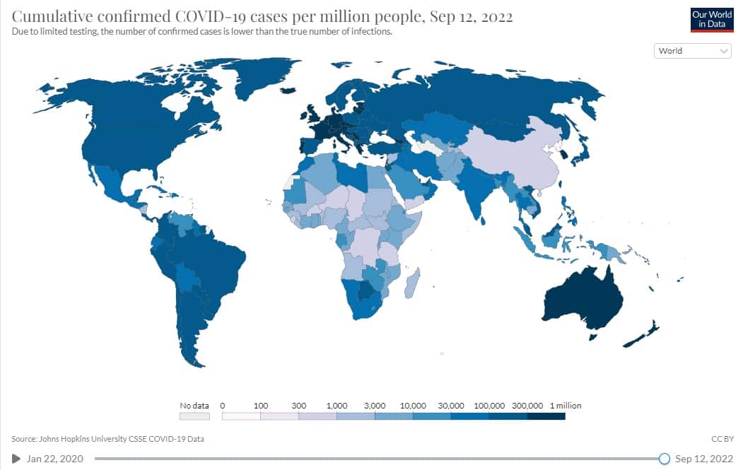 A map showing the cumulative number of COVID-19 cases in countries around the world as of 12 September 2022. 