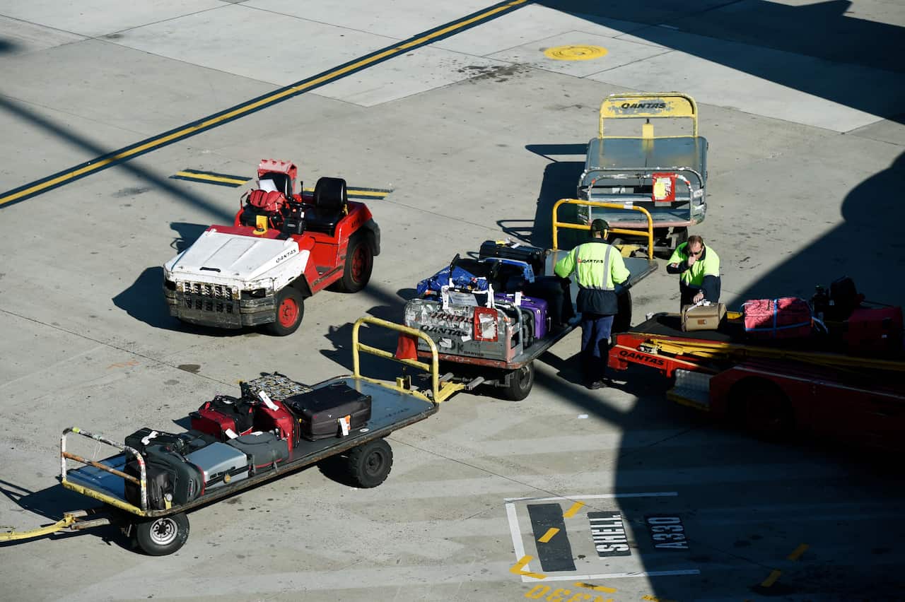 Baggage handlers unload luggage from a Qantas plane at the domestic terminal in Sydney.