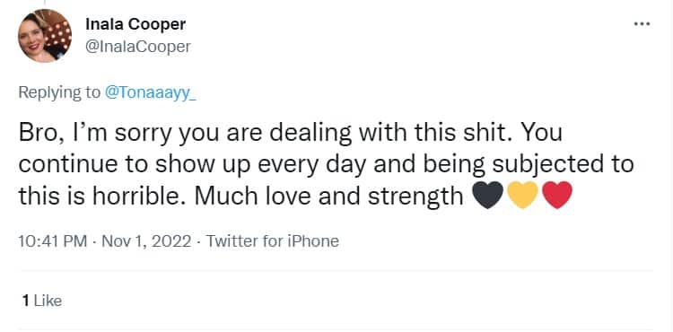 a tweet which reads "Bro, I'm so sorry you're ddealing with this shit. You continue to show up every day and being subjected to this is horrible. Much love and strength", followed by three love hearts in the Aboriginal flag colours. 