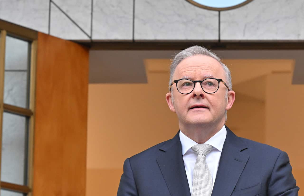 Anthony Albanese speaking at a podium.