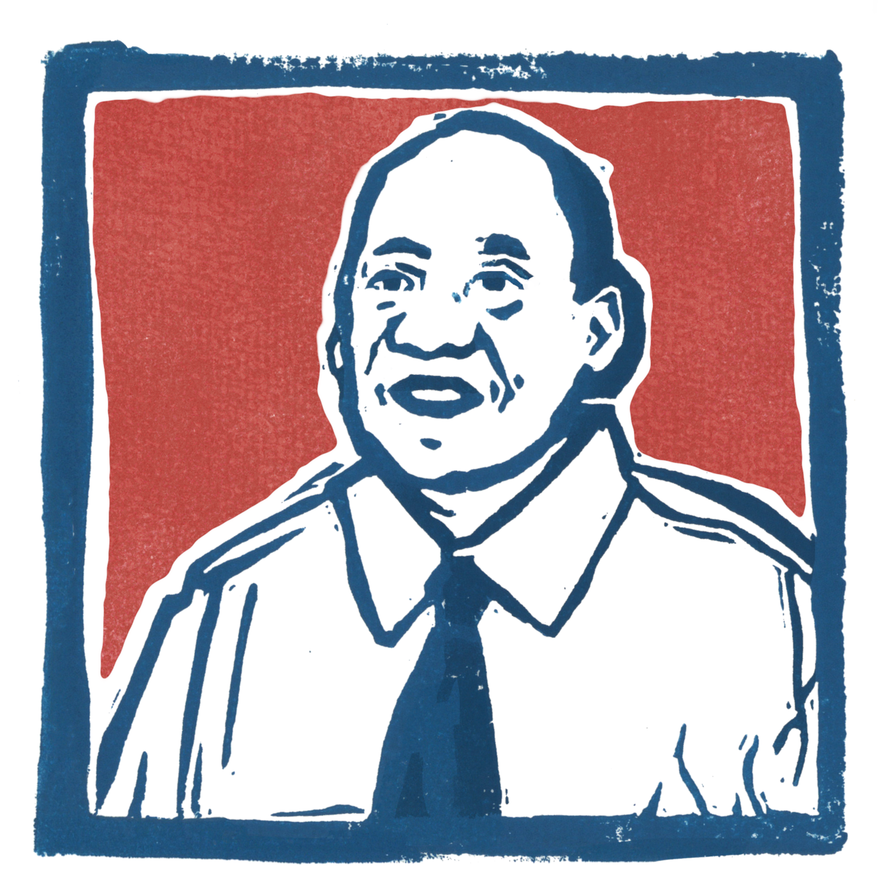 A printed portrait of a man wearing a shirt and tie.