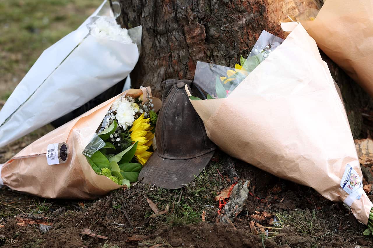 A hat and flowers are left at the bottom of a tree. 