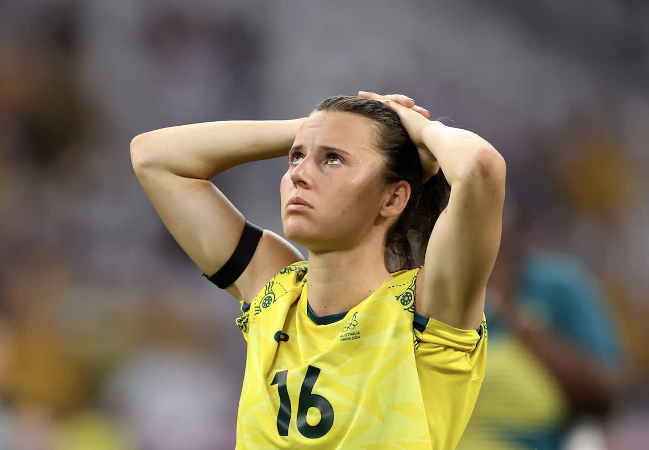 Hayley Raso looks up in frustration following Australia's loss to the United States during the Olympic Games Paris 2024 at Stade de Marseille.