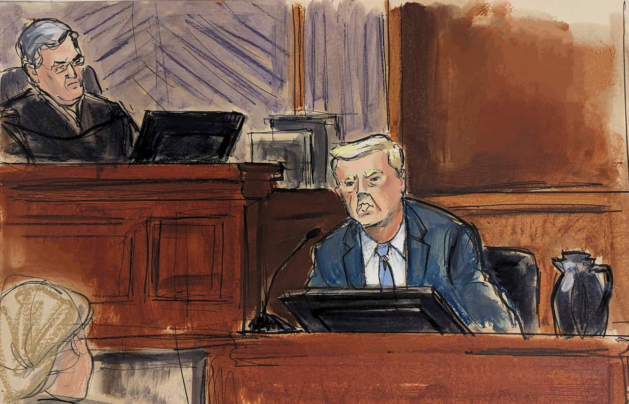A courtroom sketch of Donald Trump testifying.
