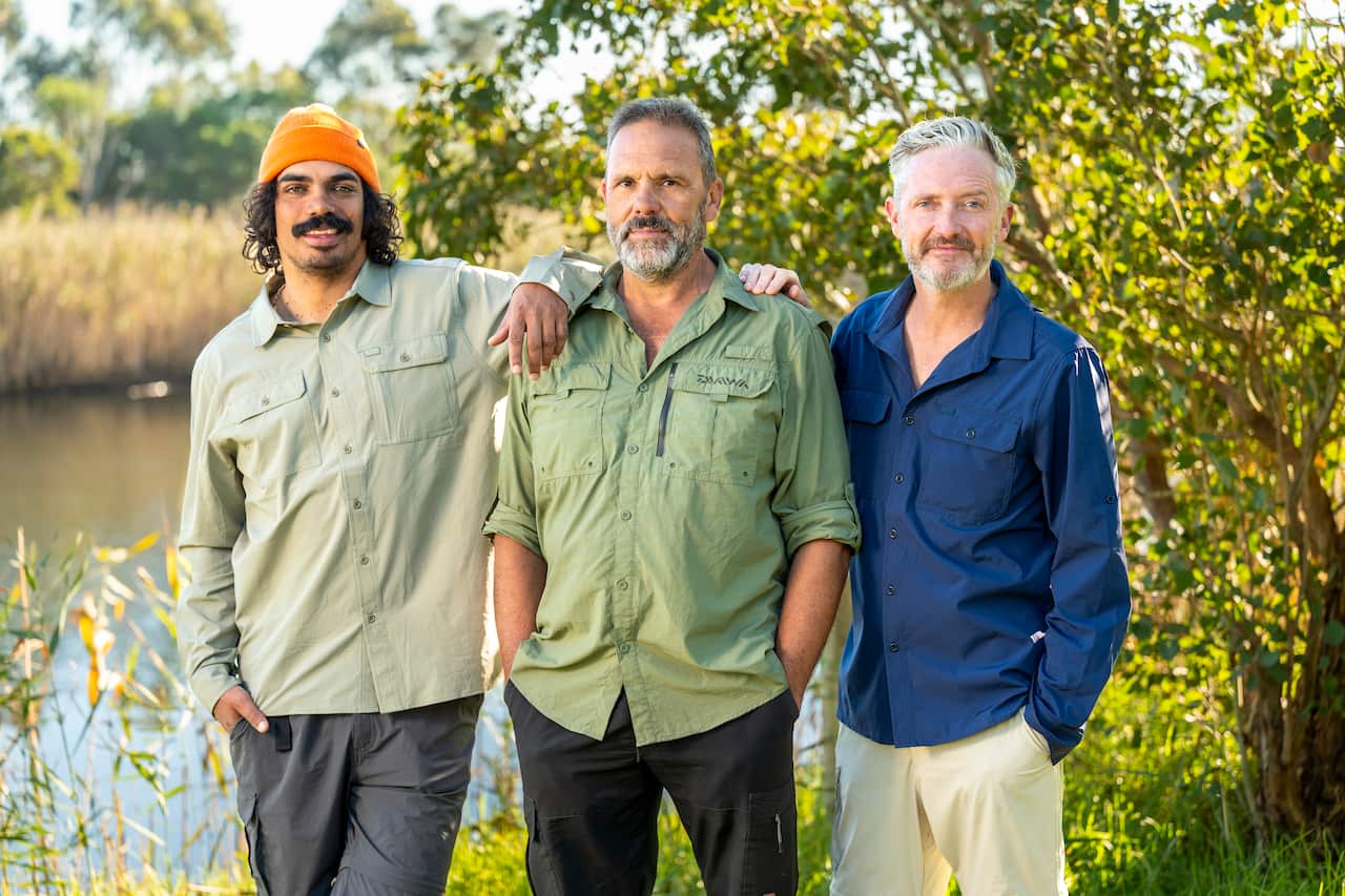 Gamilaroi man Tony Armstrong, Wiradjuri River guide Richard Swain and actor Stephen Curry in 'Search for the Snowy'.