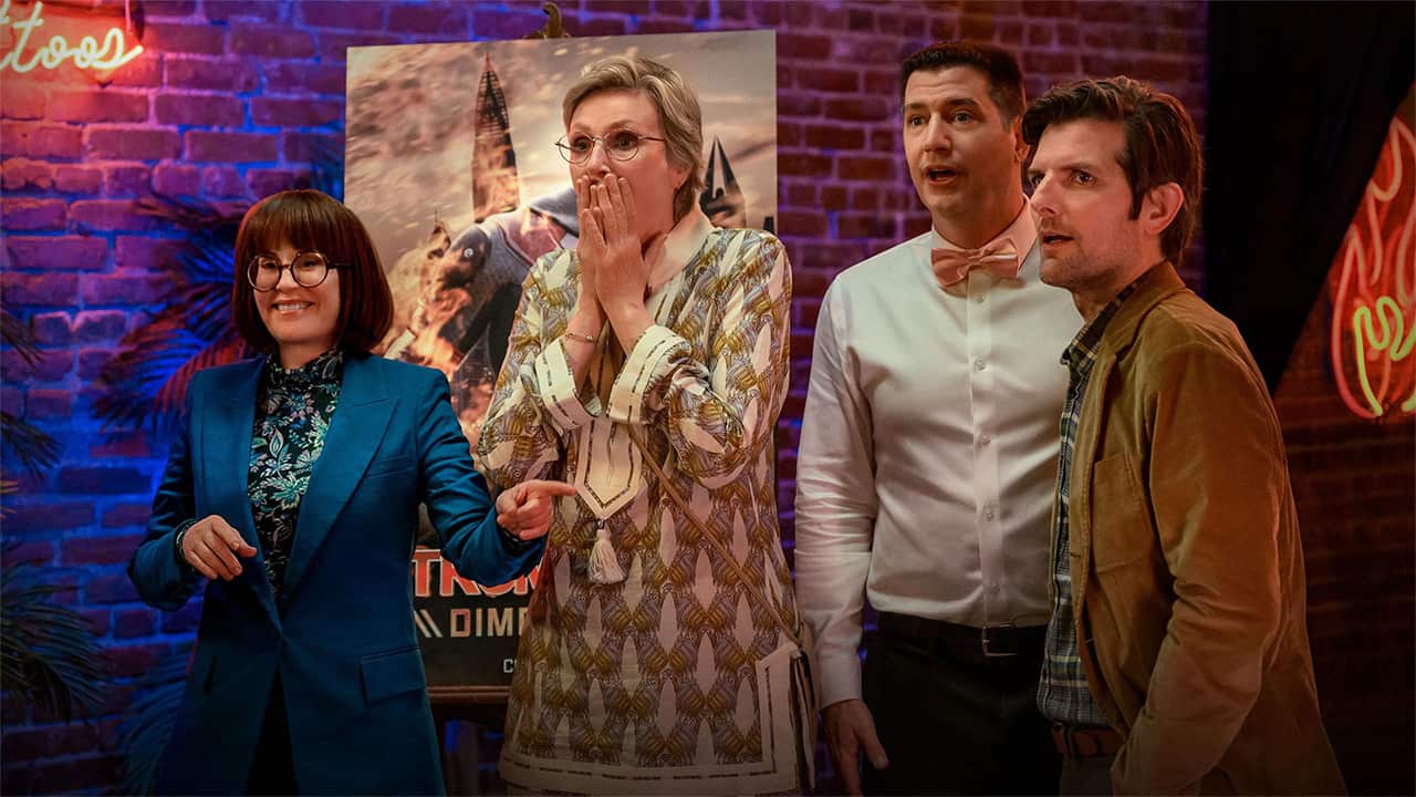 Megan Mullally as Lydia, Jane Lynch as Constance, Ken Marino as Ron and Adam Scott as Henry in 'Party Down'.
