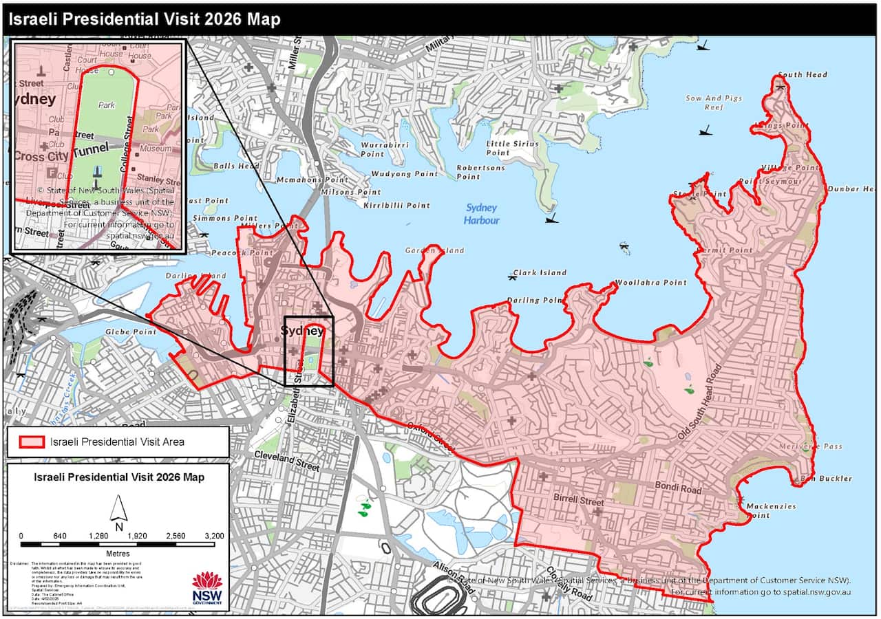A map of Sydney, Australia, highlights a designated "Israeli Presidential Visit Area" in red, spanning from the city centre across the eastern suburbs to Bondi and South Head.