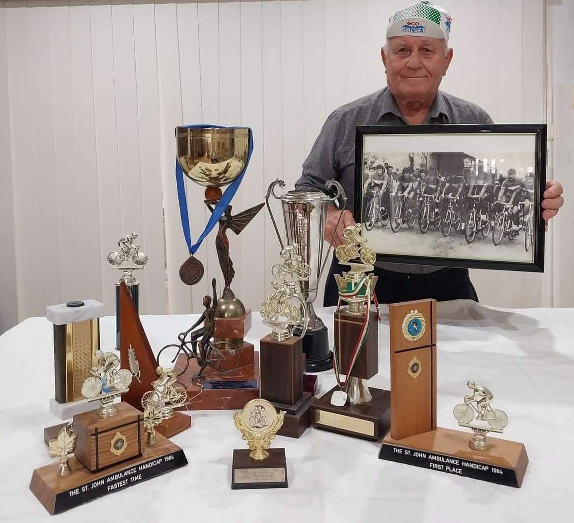 Adriano Morandin with the trophies he won in Australia as a cyclist.