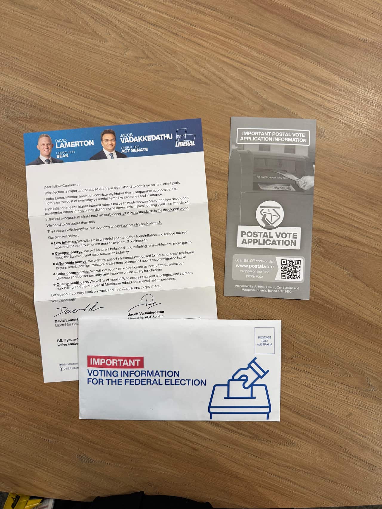 Election material letters on a table.