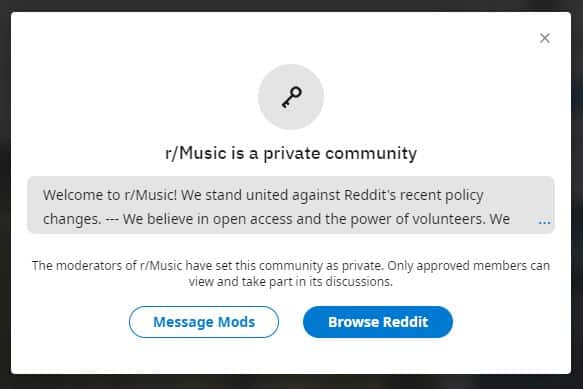 Screenshot of a message posted by r/Music on Reddit