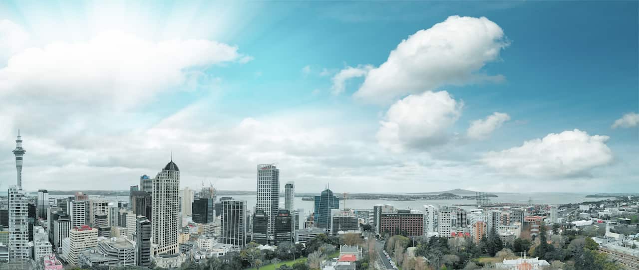 A panoramic aerial view of Auckland