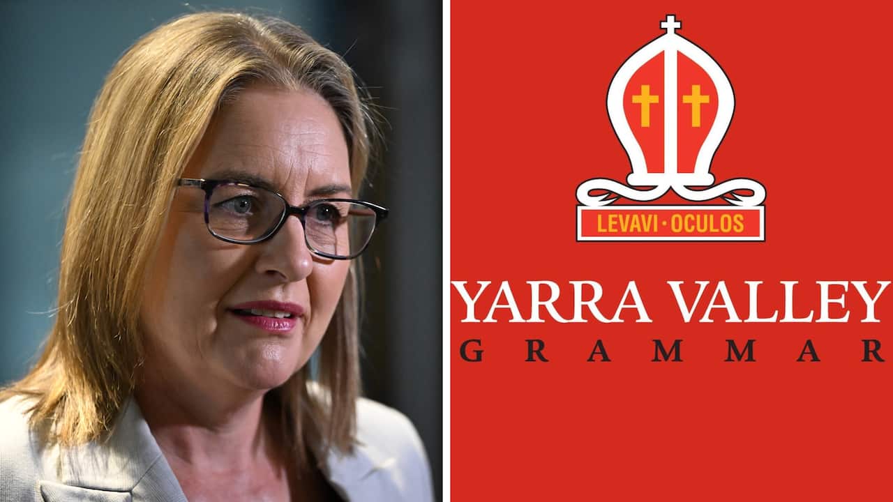A composite image of a woman in a grey blazer and a red logo reading "Yarra Valley Grammar"