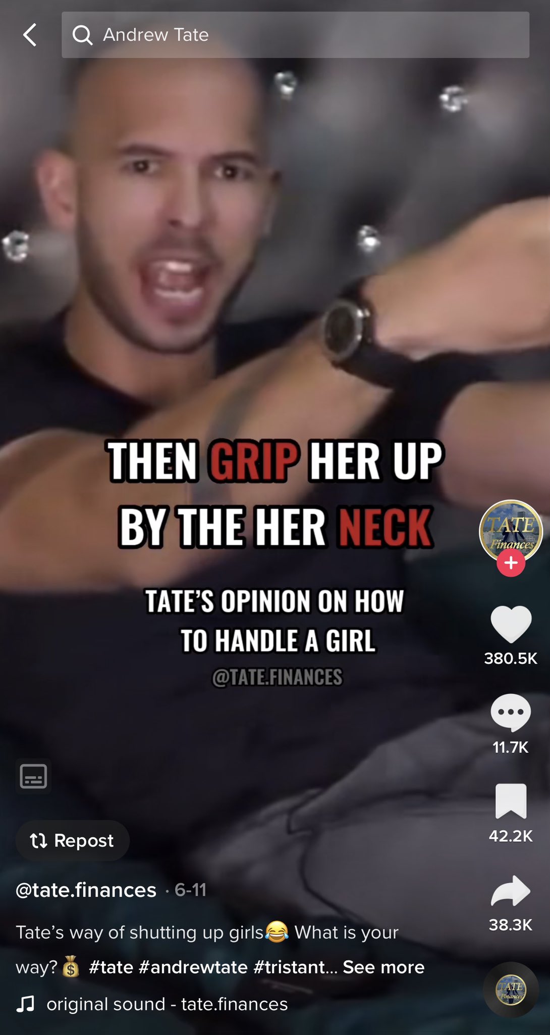 A screenshot from a TikTok with a man pretending to grab someone by the neck.