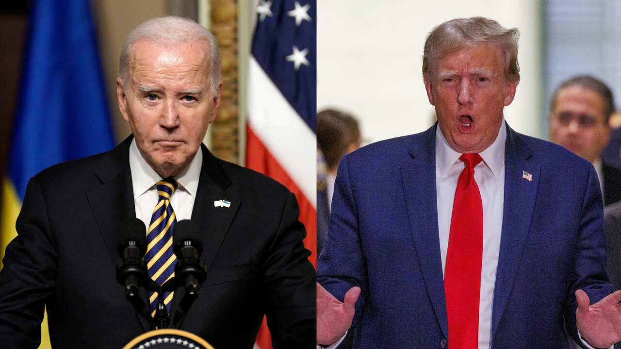 A composite image of Joe Biden and Donald Trump, both of whom are wearing suits. 