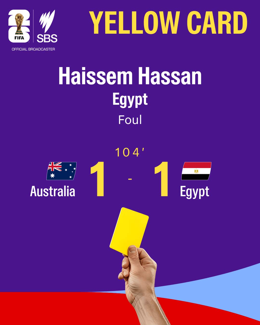 Colourful graphic showing a yellow card for Haissem Hassan in the Australia v Egypt match at the 2026 World Cup.