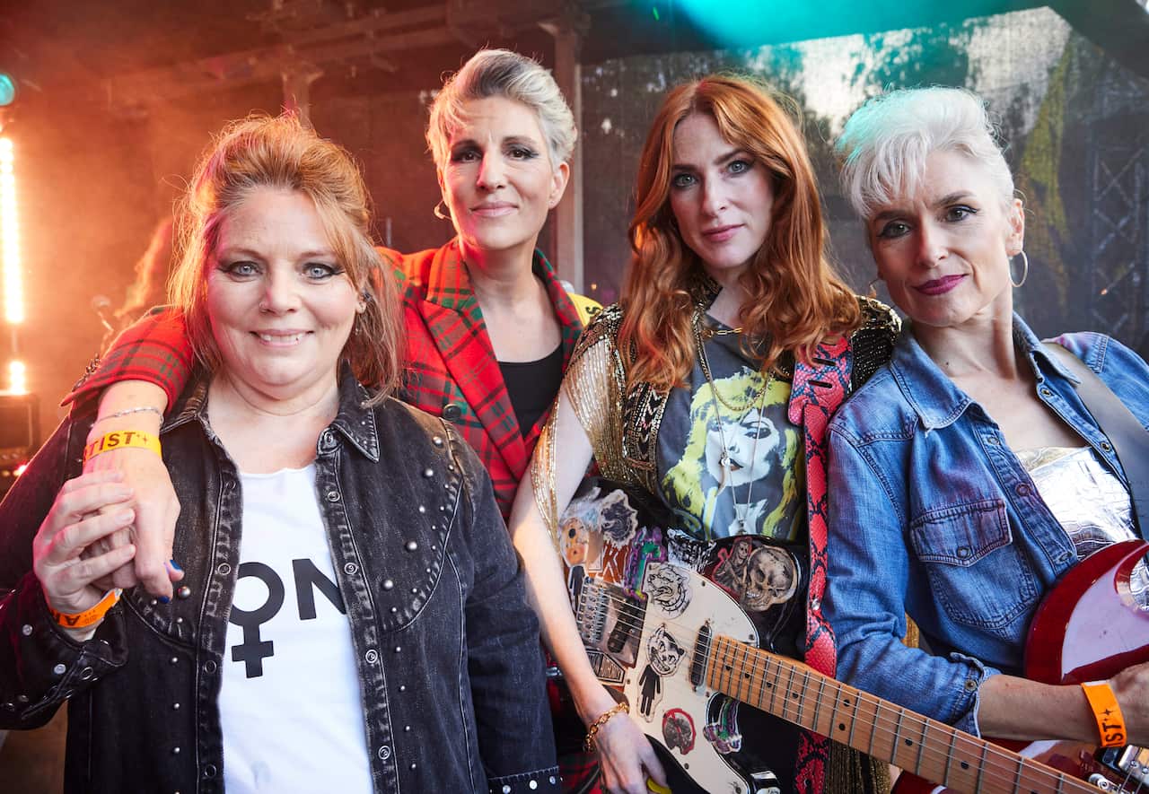 Joanna Scanlan as Beth, Tamsin Greig as Holly, Rosalie Craig as Kitty and Amelia Bullmore as Yvonne in 'Riot Women'.