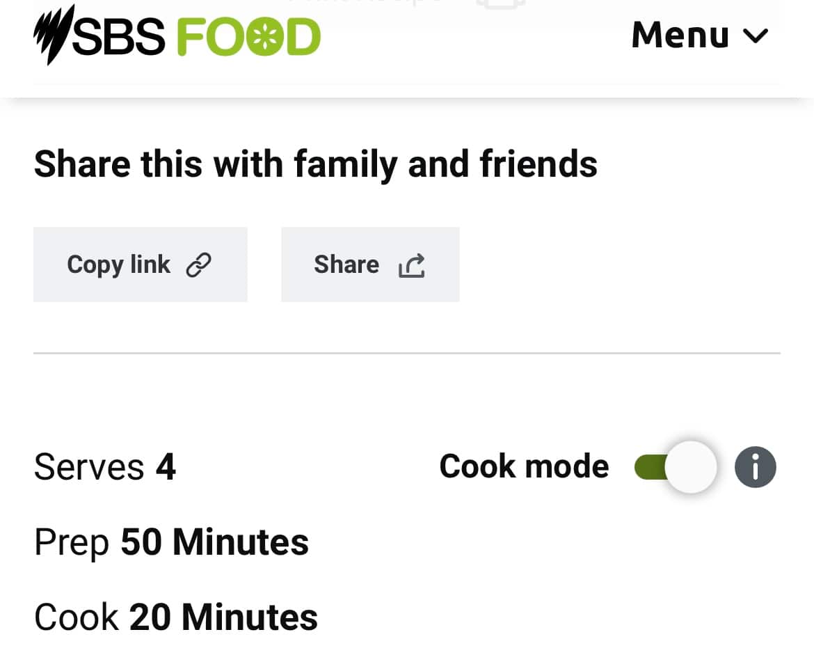 Cook mode function on SBS Food recipes