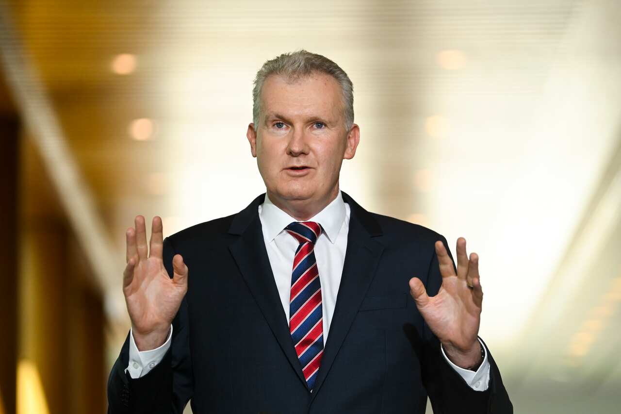 Tony Burke stands in a suit with hands up, speaking. 