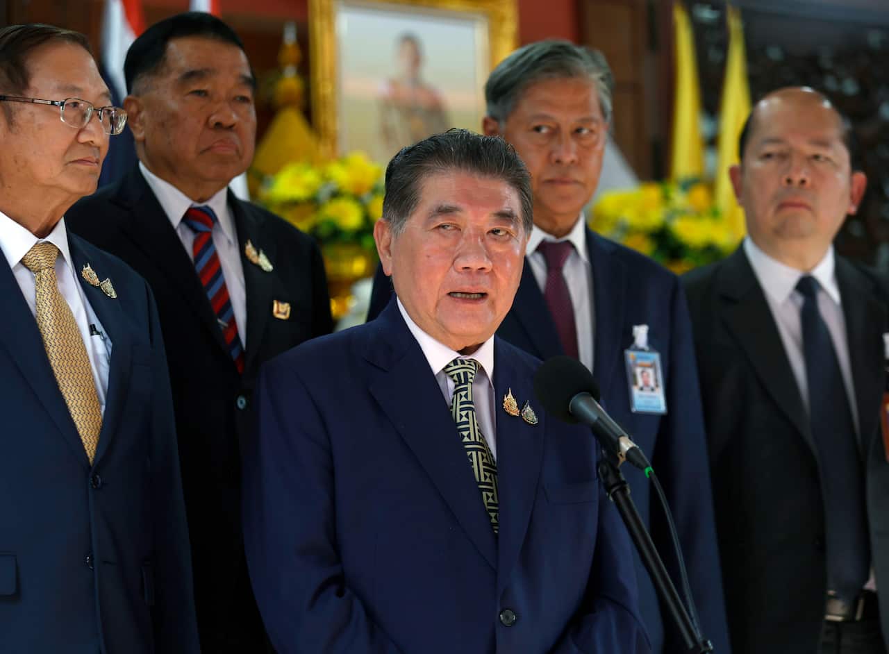 Thai Deputy Prime Minister Wechayachai at a press conference on the Thai-Cambodian border