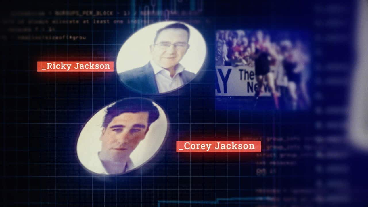 Images of Ricky Jackson and Corey Jackson in a graphic with crypto codes in the background.