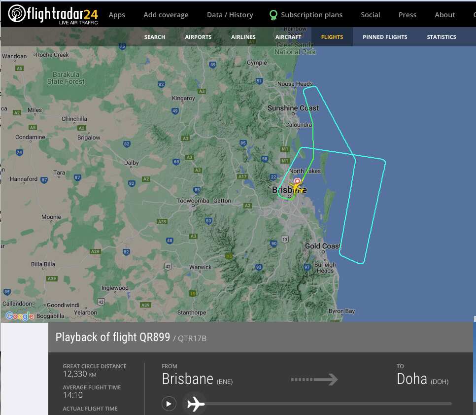 Flight path showing a plane having done a couple of loops over Brisbane.