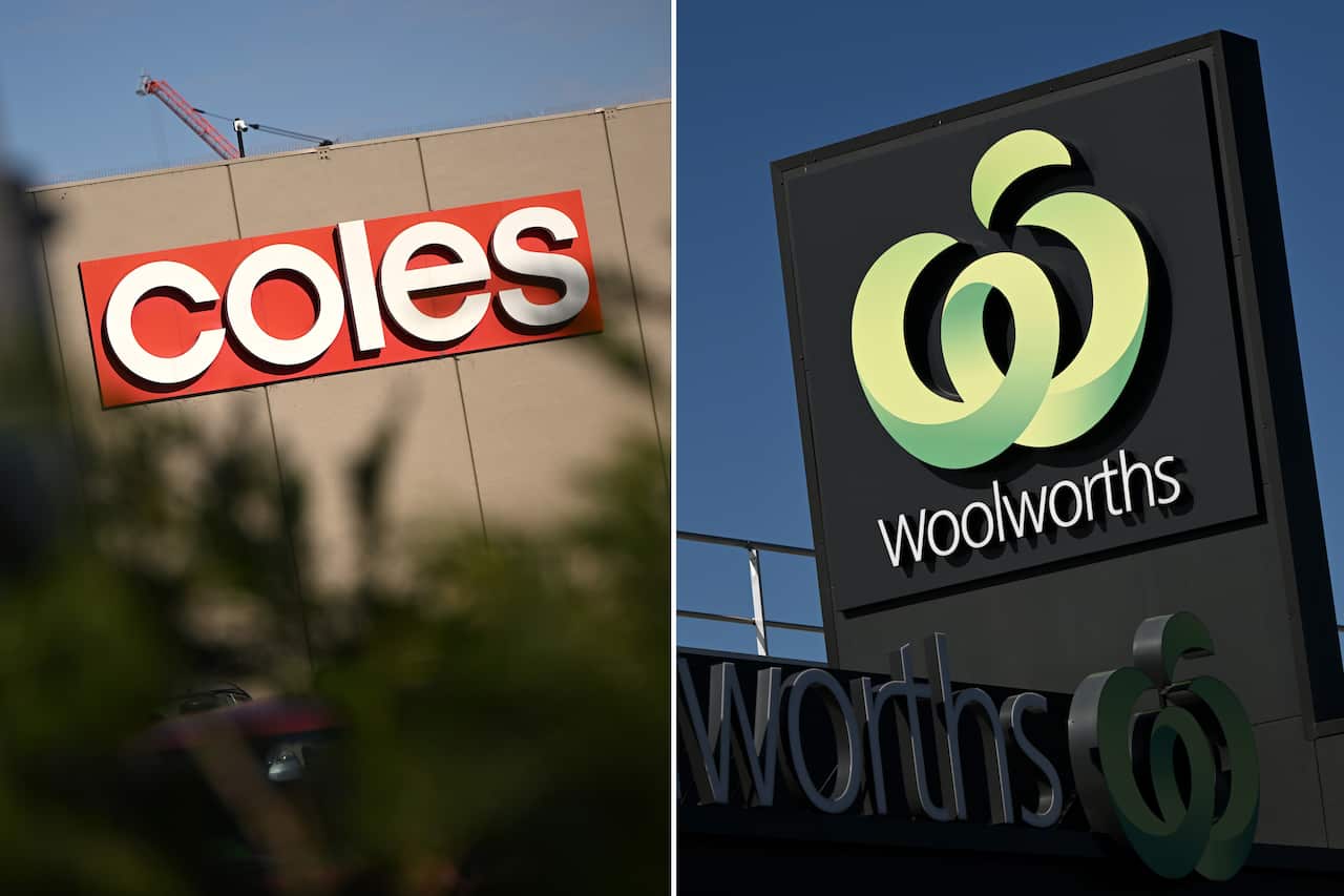 A split image. On the left is a Coles logo. On the right is a Woolworths logo.