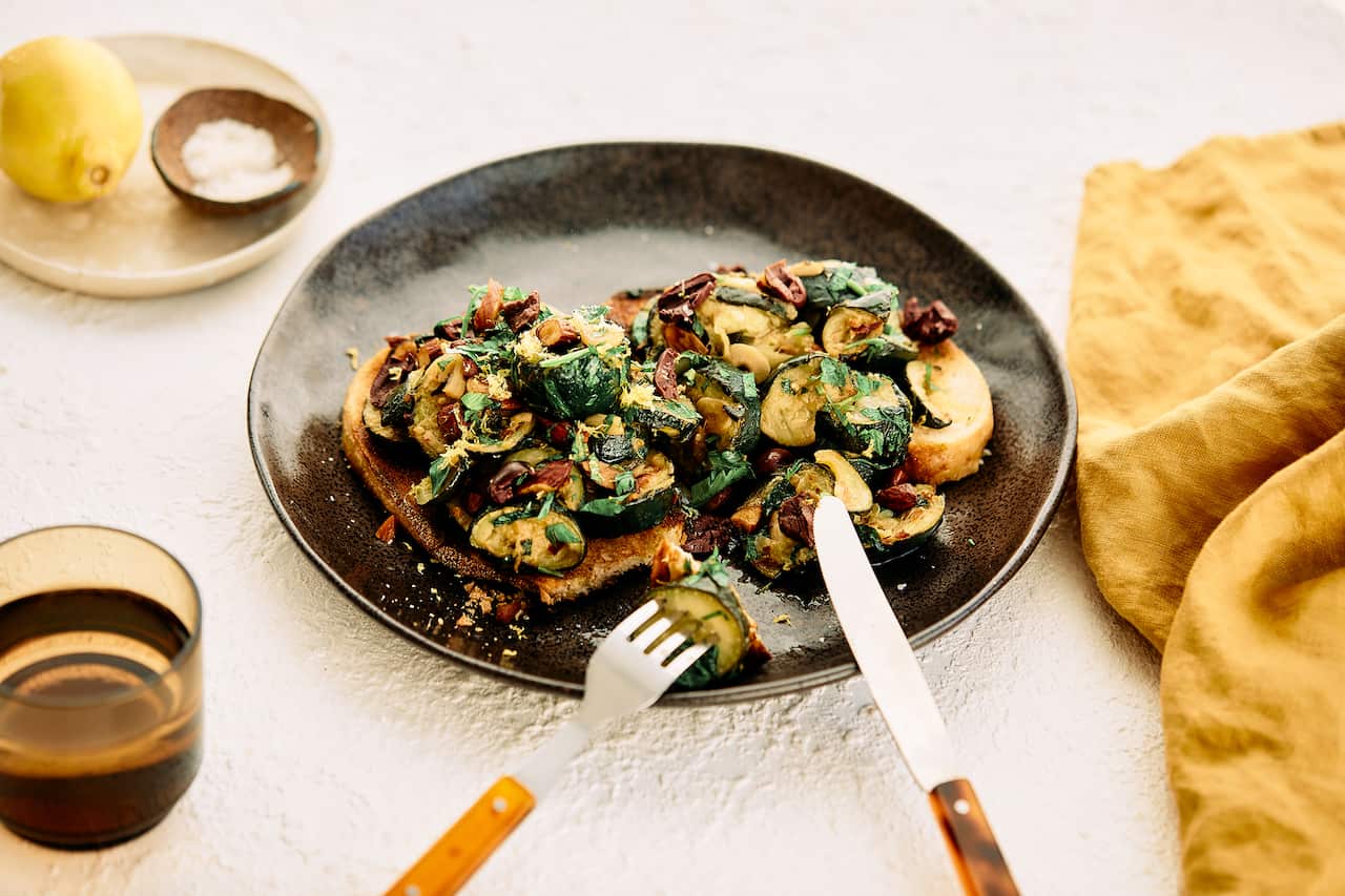 Smashed Zucchini and Smoked Almonds on Sourdough from Freshly Picked