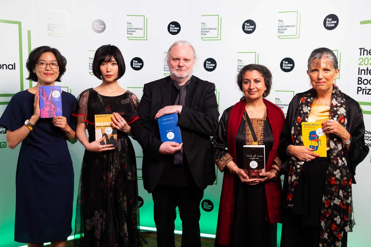(Left to right) Shortlisted authors Bora Chung, Mieko Kawakami, Jon Fosse, Geetanjali Shree and Claudia Pineiro at The 2022 International Booker Prize Ceremony.