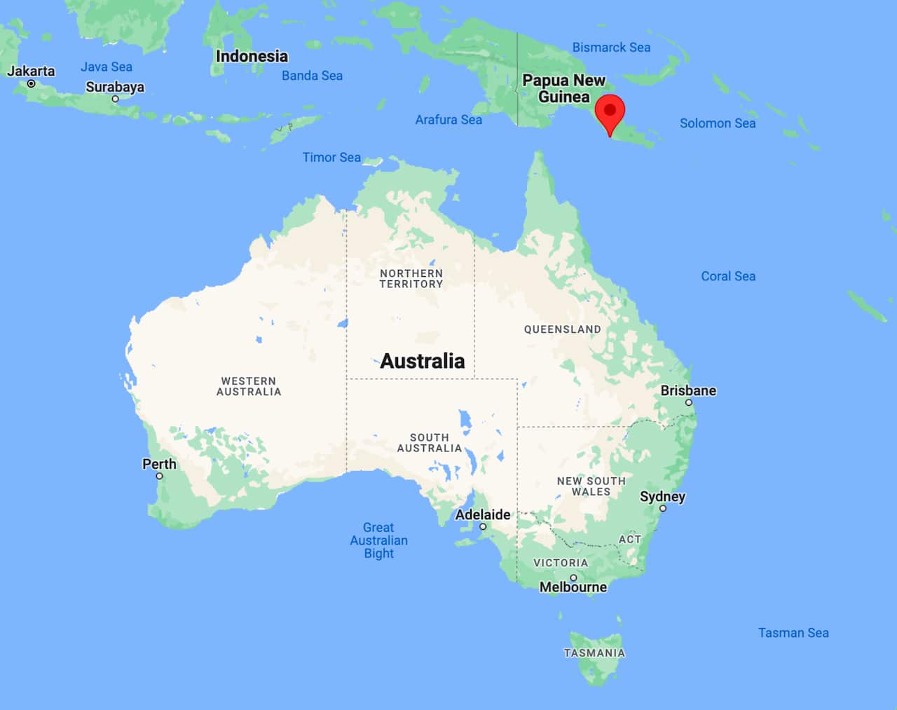 A map of Australia and Papua New Guinea with a marker on Papua New Guinea