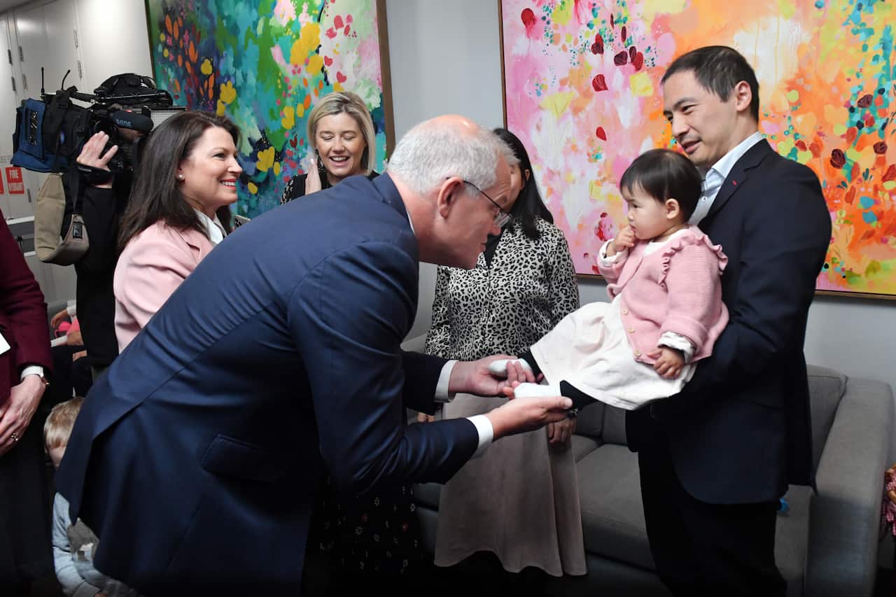 Prime Minister Scott Morrison meets young families at Melbourne IVF clinic in Melbourne, in the seat of Melbourne. Sunday, May 8, 2022. 