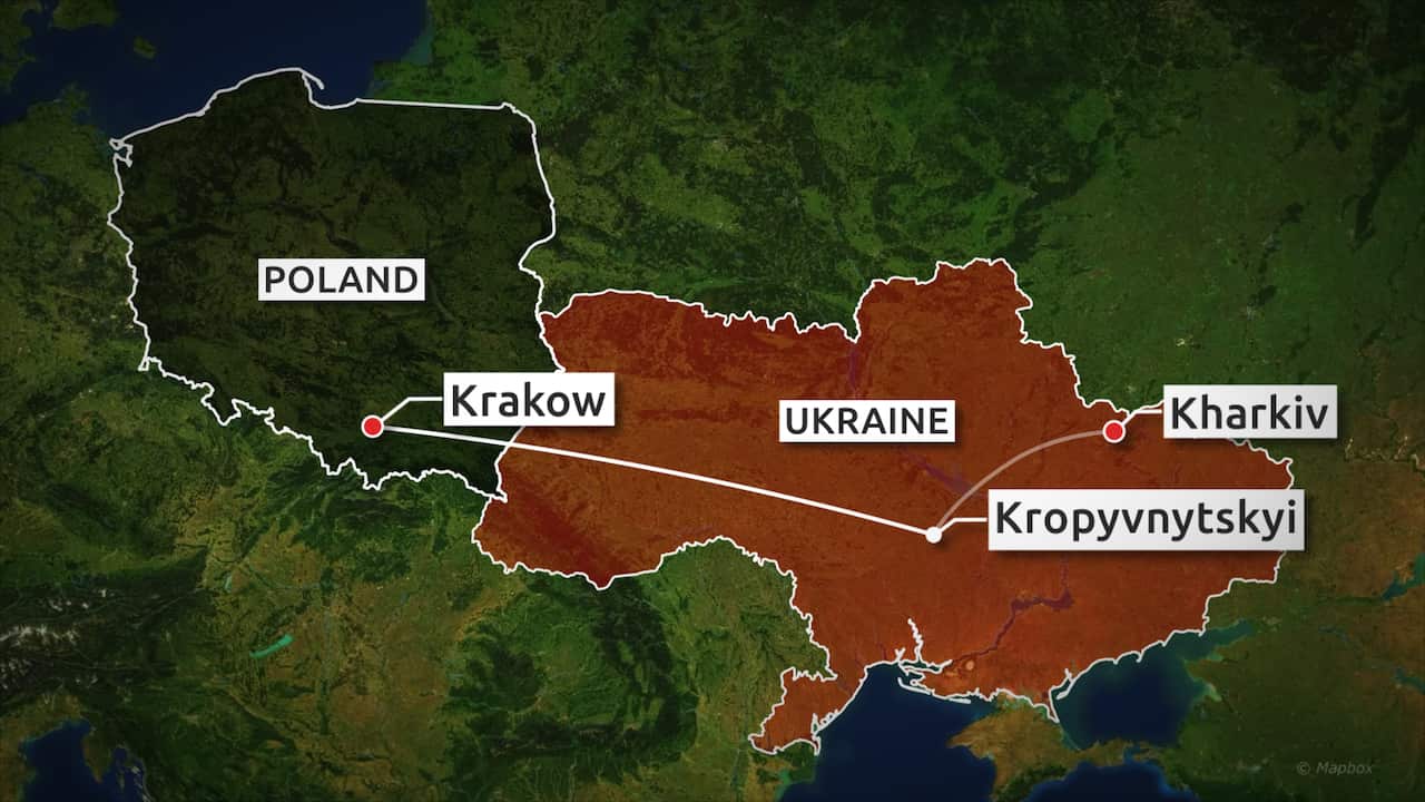 A map showing the Ukrainian cities of Kharkiv and Kropyvnytskyi and the Polish city of Krakow.