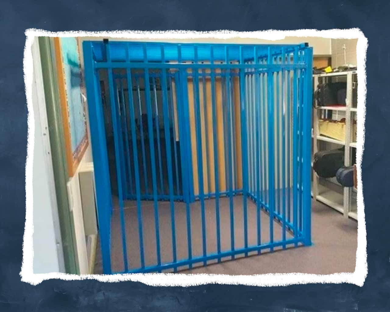 A cage made of blue metal poles sits next to rack with bags and musical equipment cases. 