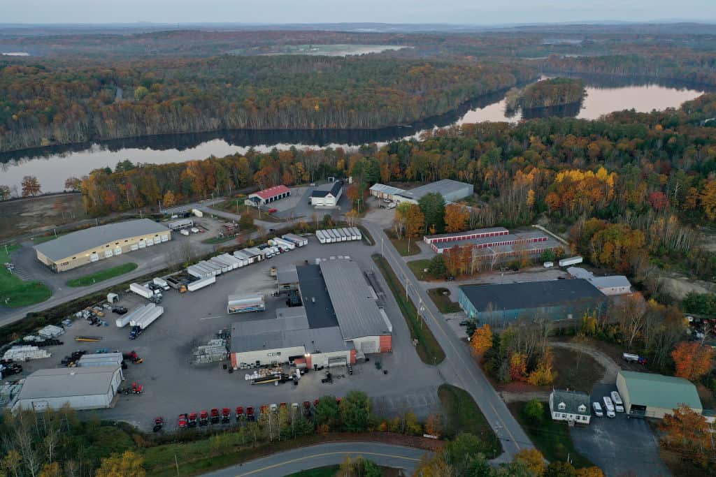 An aerial view of the Maine Recycling Center building near where Robert Card, the suspect in two mass killings, was found dead in Lisbon, Maine.