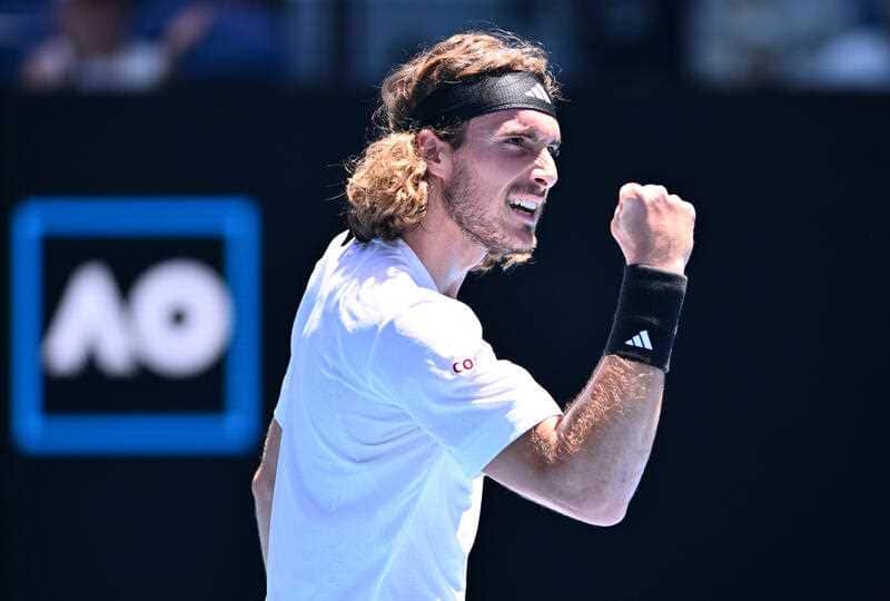 Stefanos Tsitsipas of Greece reacts during his third round match against Tallon Griekspoor of the Netherlands at the 2023 Australian Open tennis tournament at Melbourne Park in Melbourne, Friday, January 20, 2023. (AAP Image/Joel Carrett) 