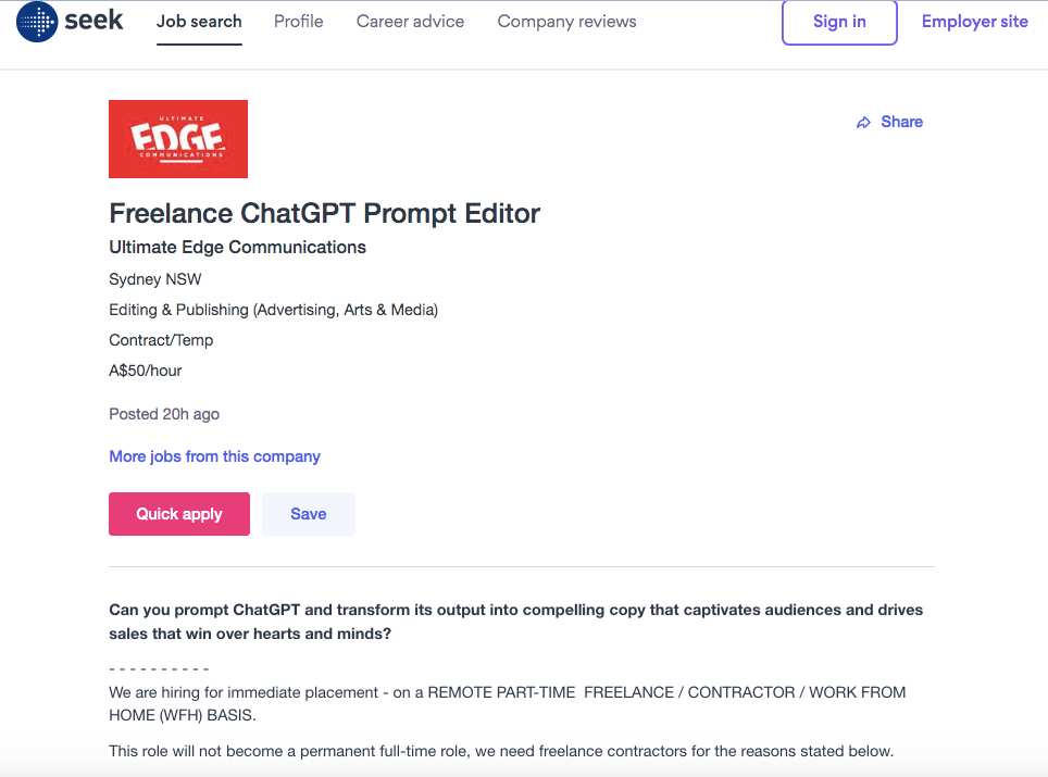 A screenshot of the SEEK advert for a freelance ChatGPT prompt editor.