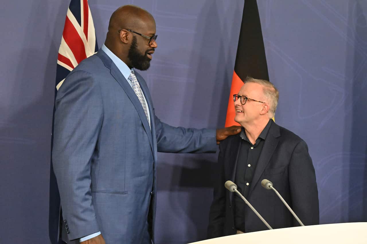 Prime Minister Anthony Albanese and former NBA star Shaquille O’Neal at a press conference