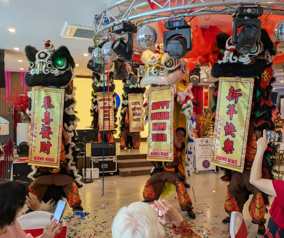 A lion dance performance at the WISE Annual Gala 2026 in Springvale, Victoria.