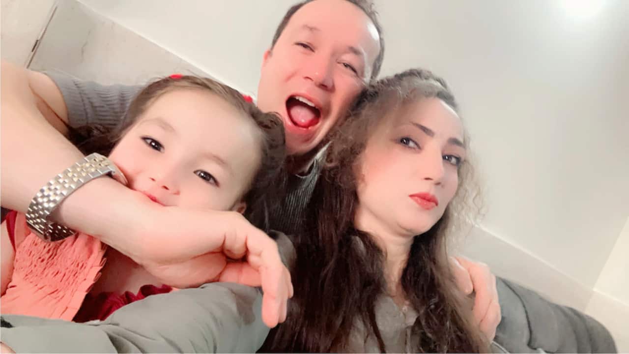 Hussaini, his three-year-old daughter Jasmine and wife Noori taking a selfie together.