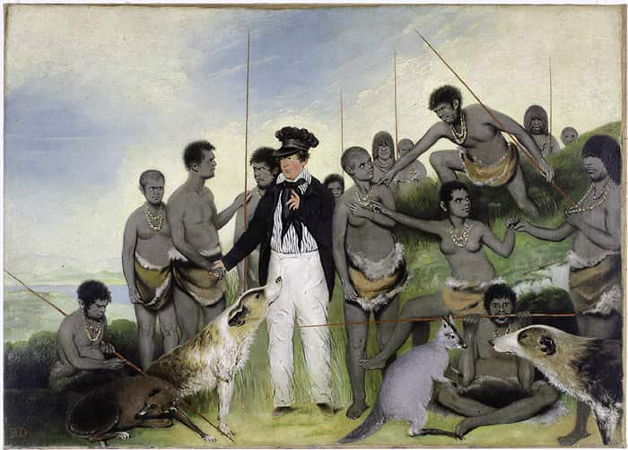 A painting of Aboriginal people wearing mariner shell necklaces speaking with george robinson