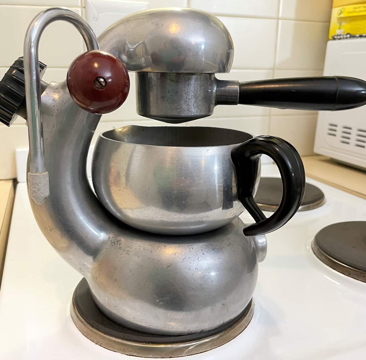 Leonardo Urbano's coffee machine sitting on the stove 