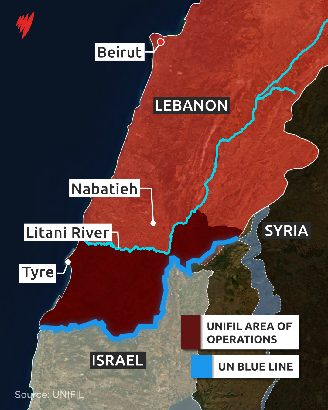 Map showing Lebanon, Israel, Syria, and the Litani River. The UNIFIL area of operations sits in Lebanon's southern border with Israel, shaded in dark red. The border between the two is lined in blue, representing the UN Blue Line. Tyre, which sits within the area of operations, is labelled, along with Lebanese cities Nabatieh and Beirut, which sit outside that area.