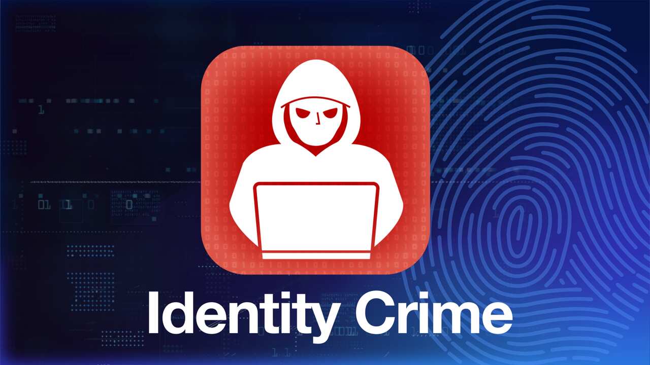 Cartoon of a hacker with text reading 'Identity Crime' 