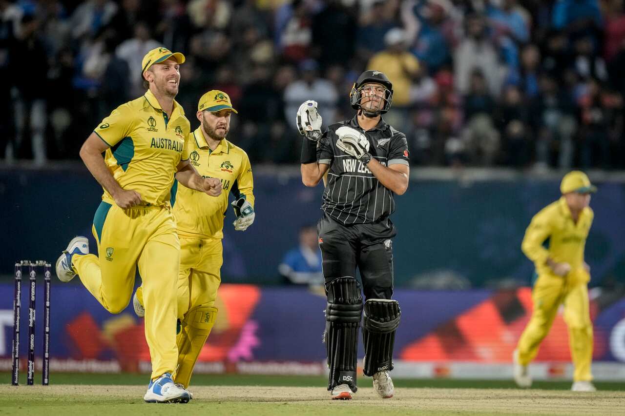 New Zealand's Rachin Ravindra (C) during the ICC Men's Cricket World Cup match between Australia and New Zealand in Dharamshala, India on Saturday, 28 October 2023. 
