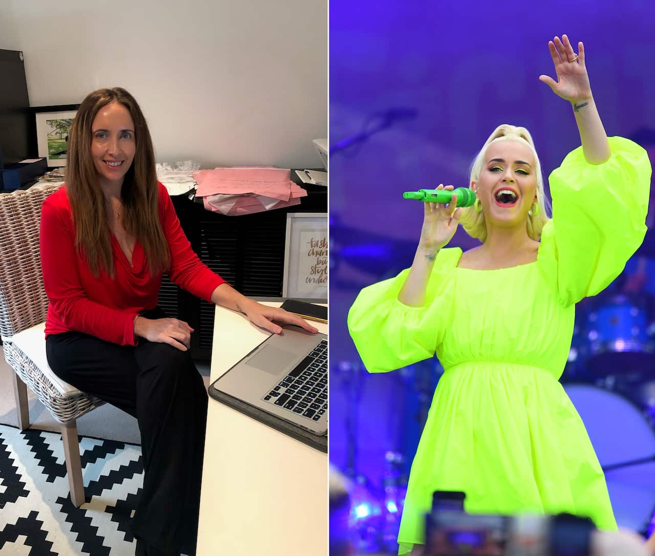 A split image shows a woman wearing a red top sitting on a chair, touching a laptop (left), and a signer wearing a fluorescent green dress performing at a concert (right).