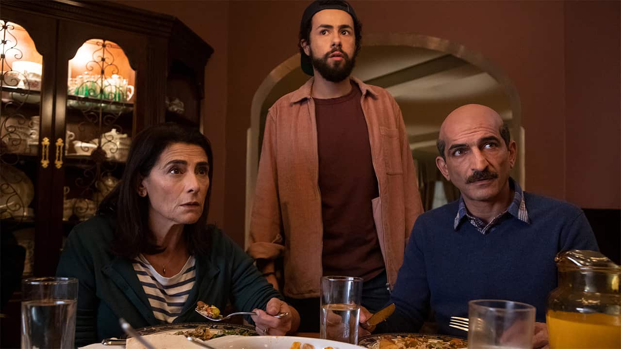 Hiam Abbass as Maysa Hassan, Ramy Youssef as Ramy Hassan and Amr Waked as Farouk Hassan in 'Ramy'.