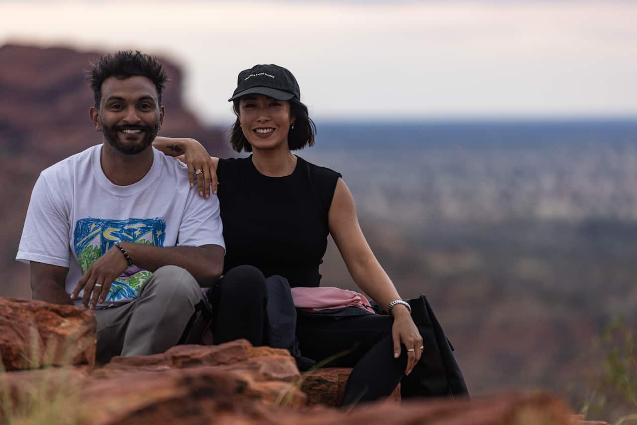 Nazeem Hussain and Melissa Leong in episode 1 of 'Great Australian Road Trips' on their journey from Alice Springs to Kings Canyon (Watarrka).