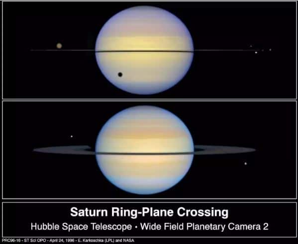 Two pictures of Saturn side by side, one with its rings and one without