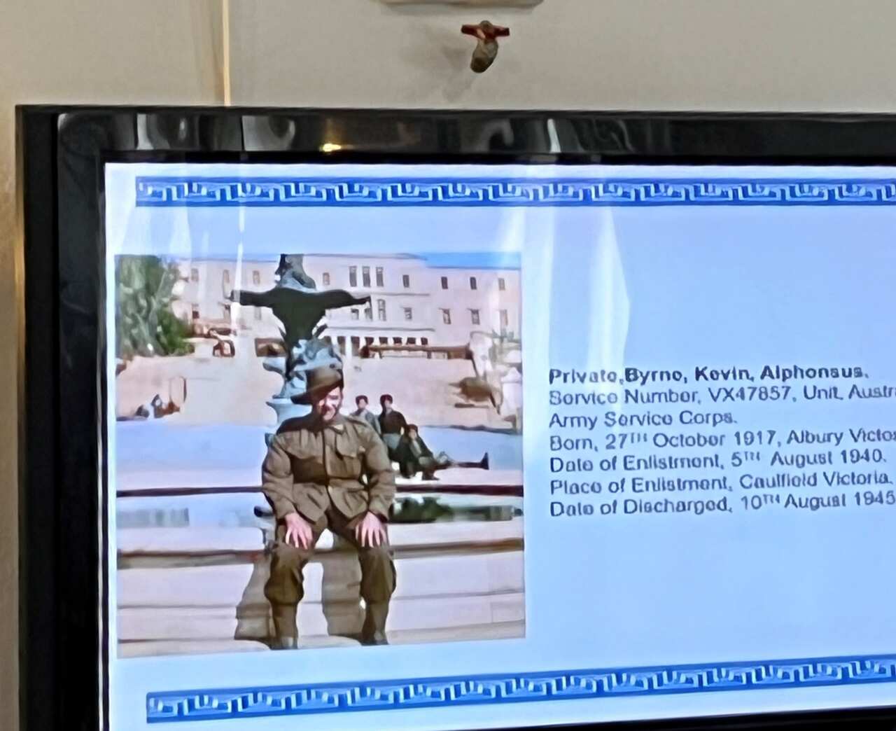 Australian veteran Kevin Byrne photographed in front of the Greek Parliament. The photo was taken in April 1941 