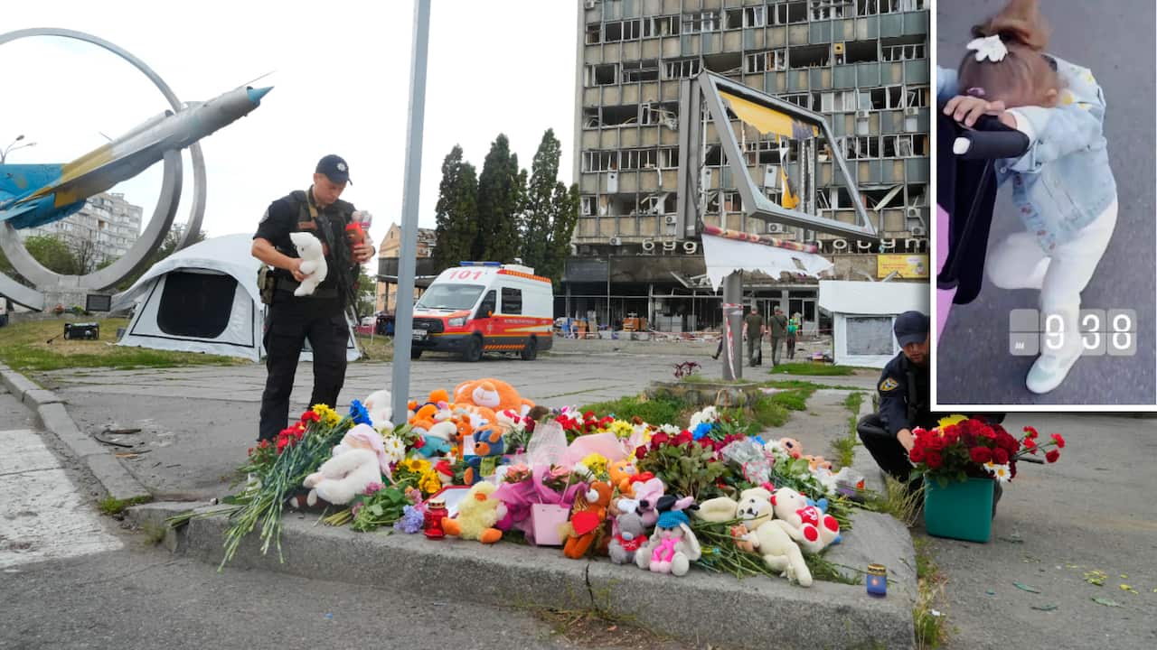A memorial of flowers for those killed in the missile strike in the Ukrainian city of Vinnytsia. A four-year-old girl is among the dead. 